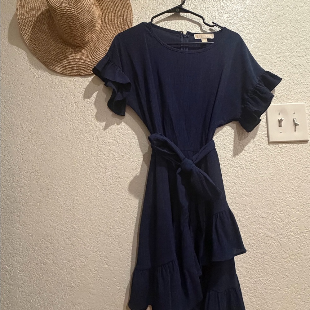 Michael Kors Navy Midi Dress with Ruffle Details